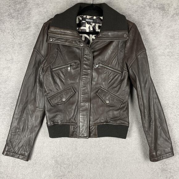 DKNY Leather Jacket Womens Medium Moto Bomber Ribbed Collar Zip Pockets 2010 - Picture 1 of 16
